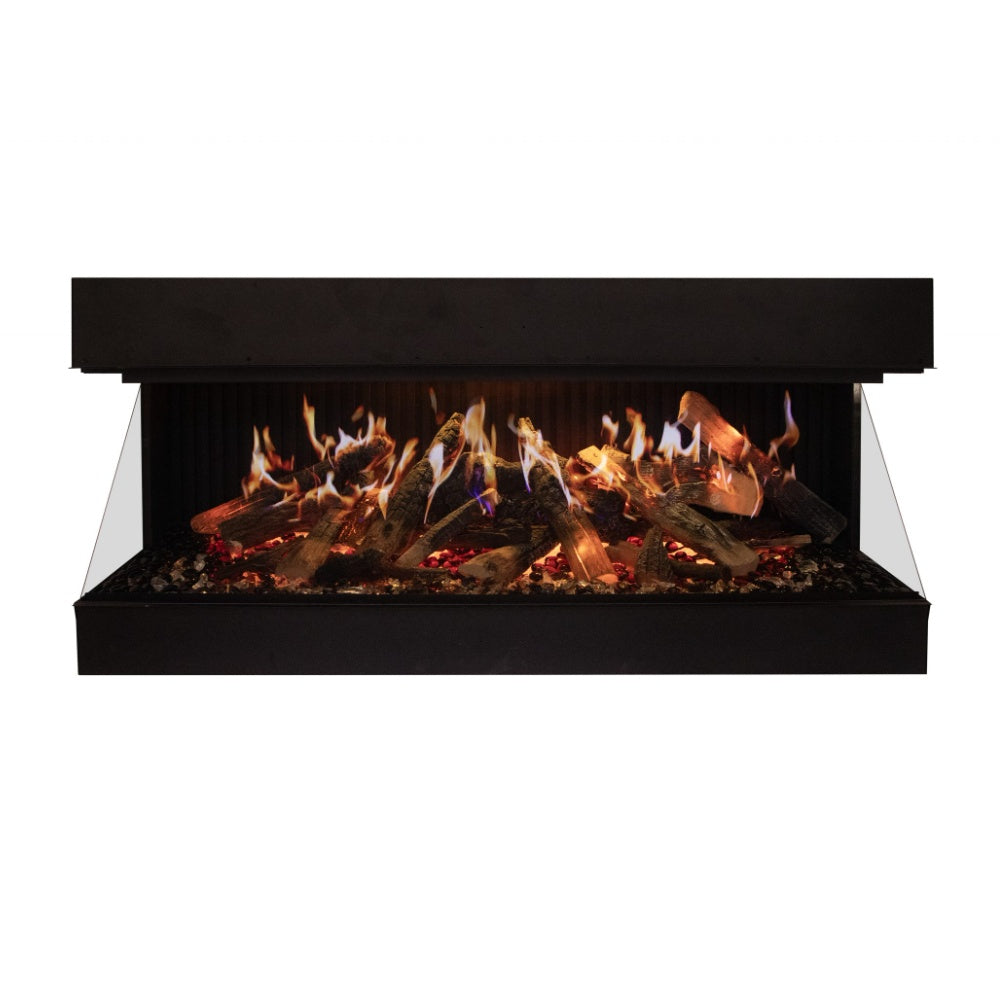 Open black electric fireplace with flame effect over a dark log and ember bed.