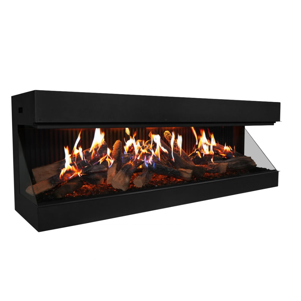 Three-sided electric fireplace in black with glass panels and realistic flame display.