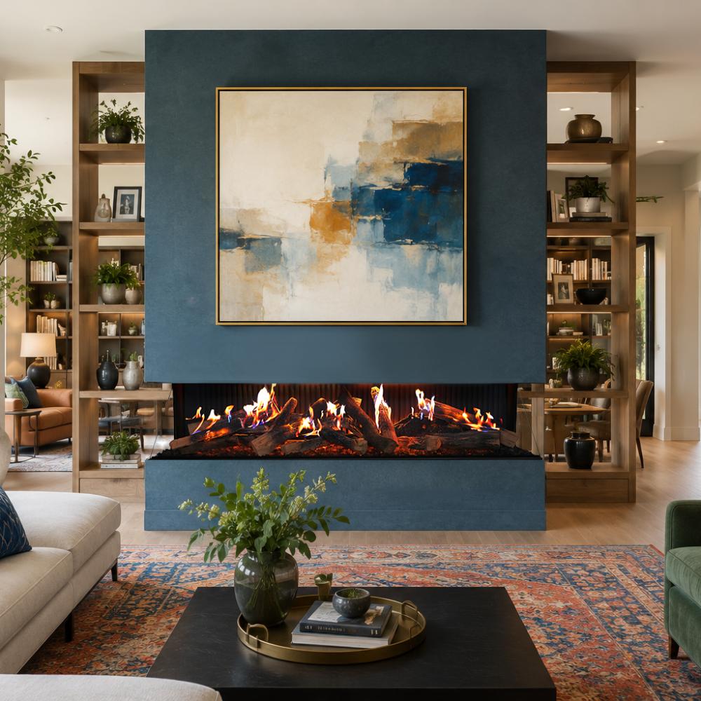 Built-in electric fireplace with blue surround and bright flame effect beneath wall art.