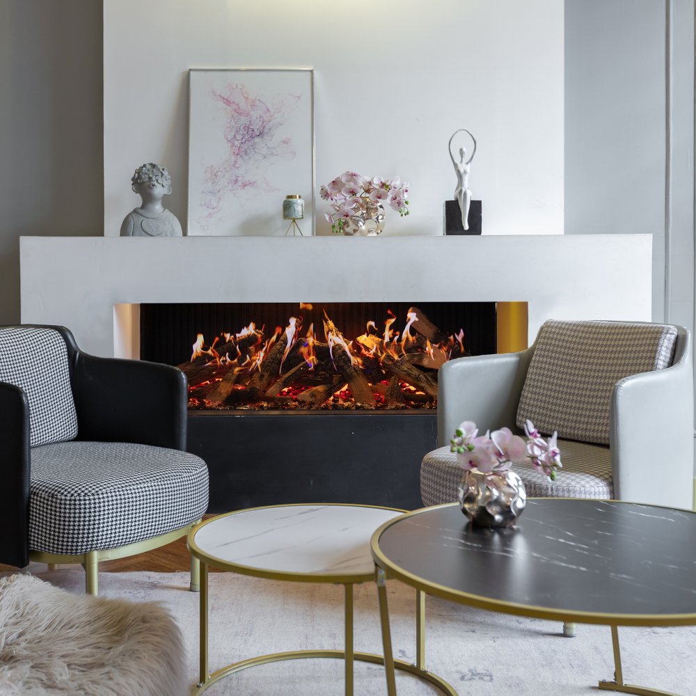 Built-in electric fireplace with flame effect and black firebox set into a wall.