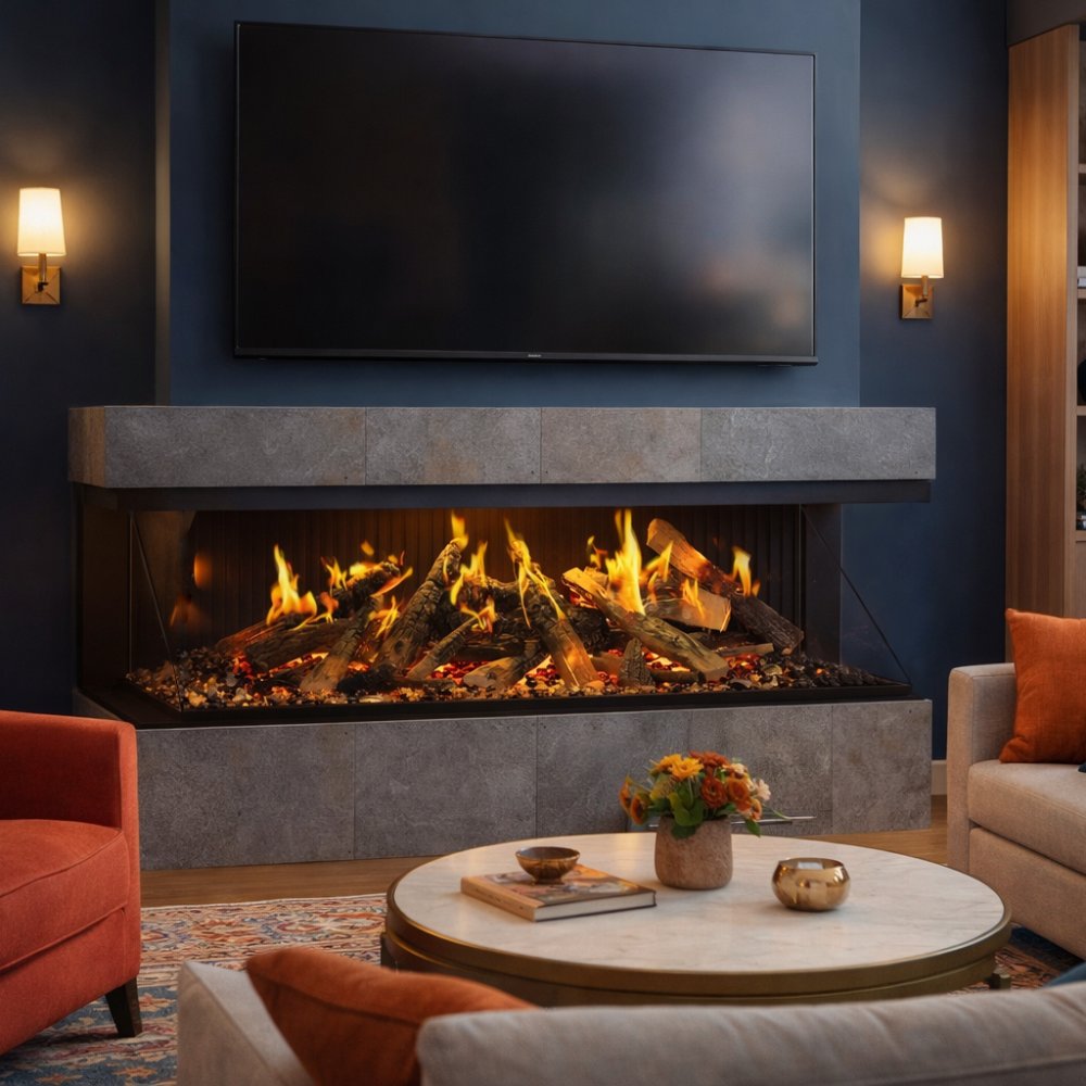 Built-in electric fireplace with stone surround and glowing flames in a dark living area.
