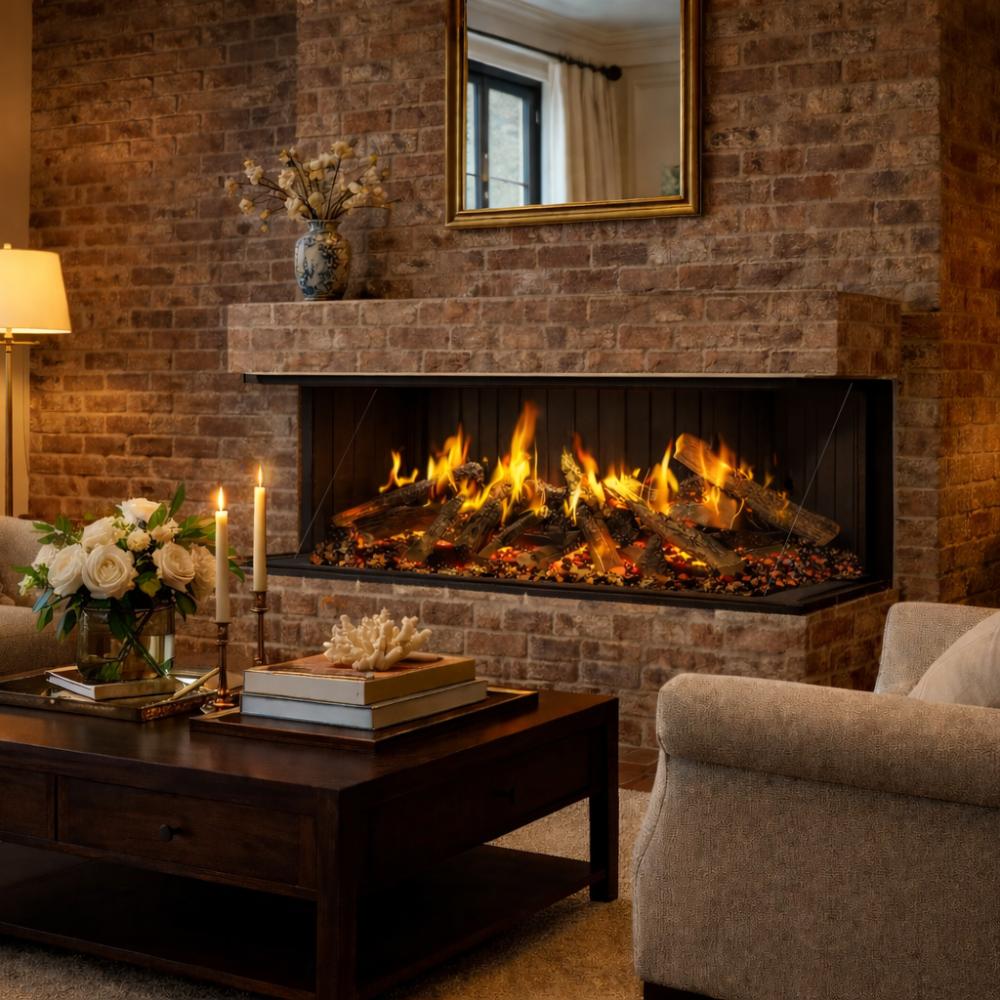 Built-in electric fireplace with glowing flames and dark log bed in a stone surround.