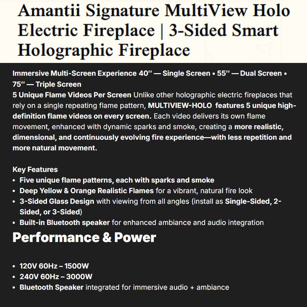 Printed product information page with fireplace name and key feature bullets.