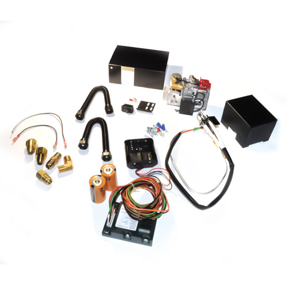 Electronic ignition valve kit with wiring harness, hoses, brackets, and mounting hardware