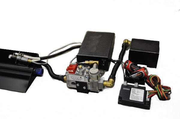 Electronic ignition valve kit with wiring harness, control box, gas valve fittings