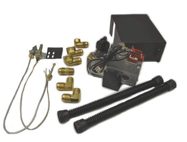 Millivolt valve kit with brass fittings, wiring leads, black control box, and hoses