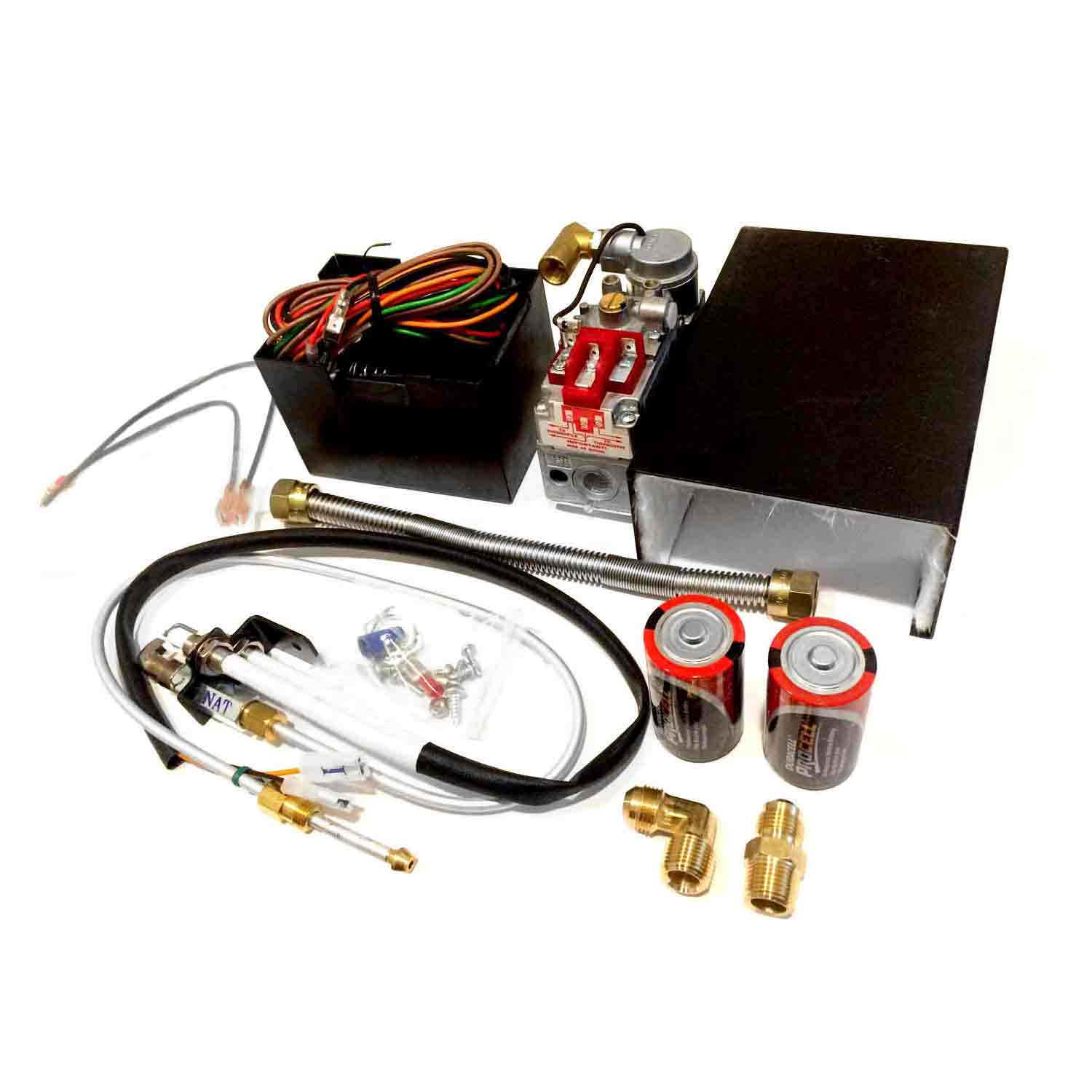 Gas pilot valve kit with ignition module, wiring harness, brass fittings and two capacitors