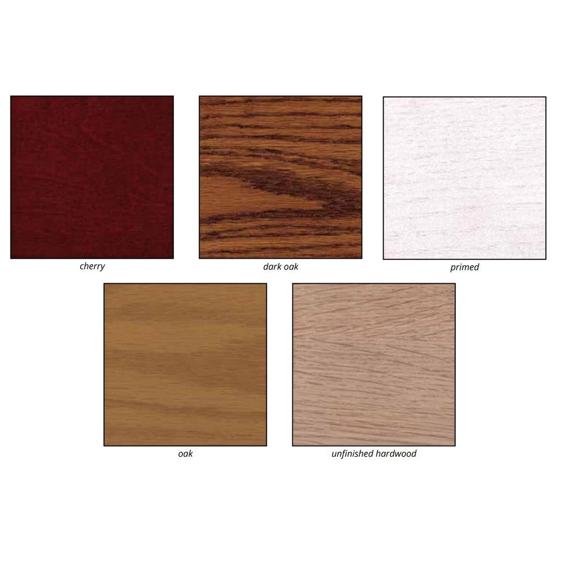 Corner cabinet mantel finish swatches: cherry, dark oak, oak, unfinished wood, primed