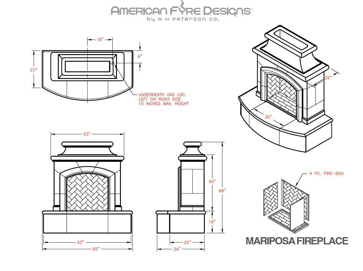 Outdoor gas fireplace installation diagram with dimensions and arched firebox views