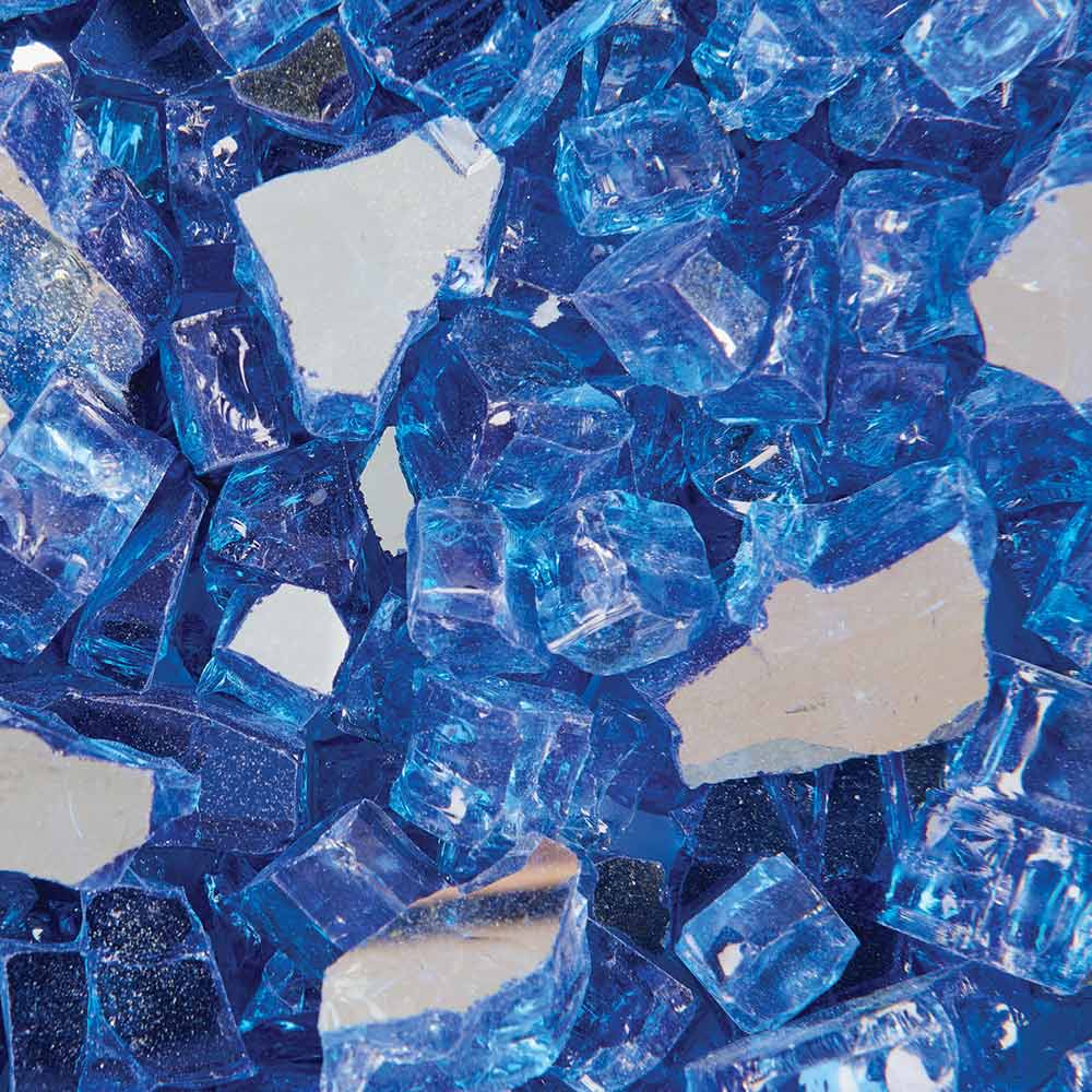Reflective royal blue glass fire pit gems, 1/4 inch clear shards