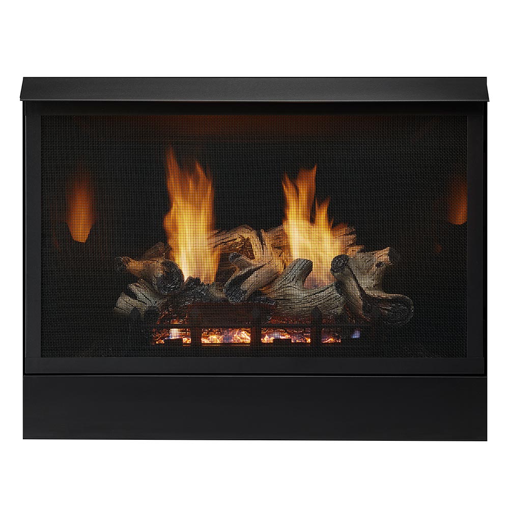 Vent-free gas log set inside black firebox with burning logs and orange flames