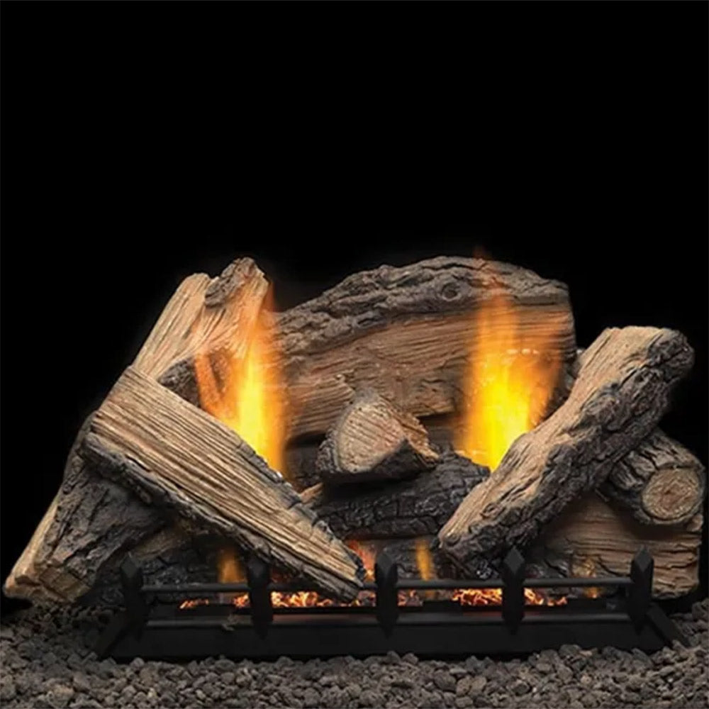 Vent-free gas log set with burning natural blaze logs in black grate