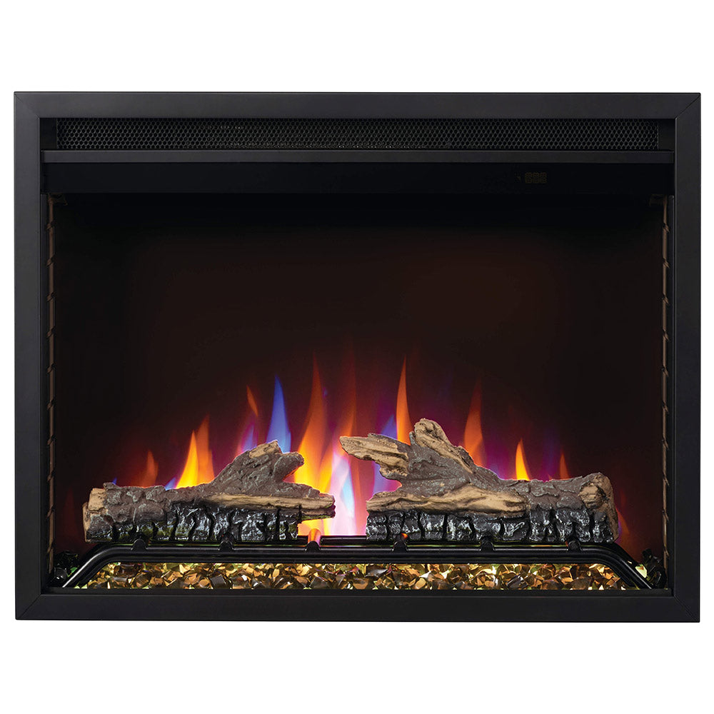 Electric fireplace with log set and glowing crystal media flame view