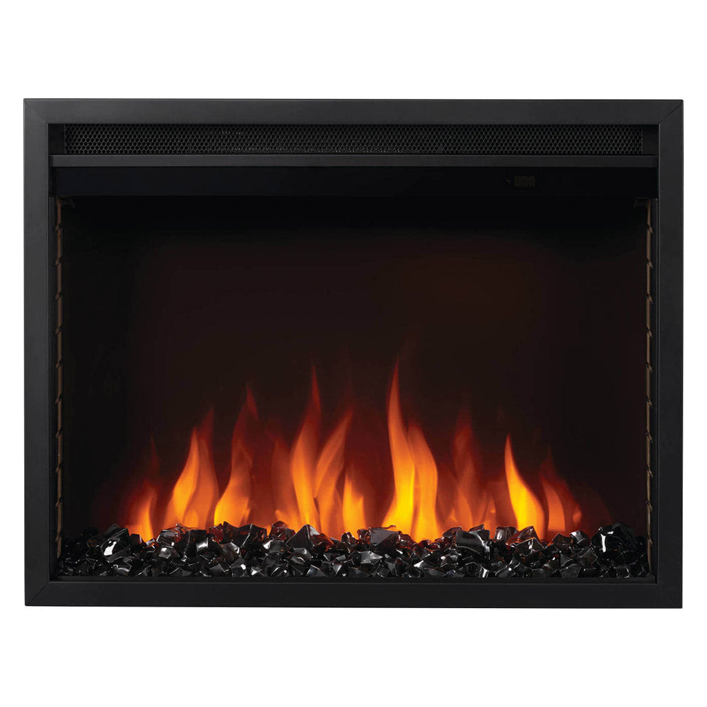 Electric fireplace log flames with glowing crystal media bed