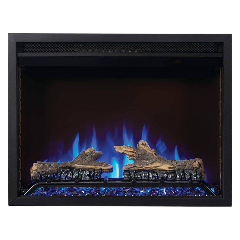 Electric fireplace log set with blue and orange flame effects, crystal media