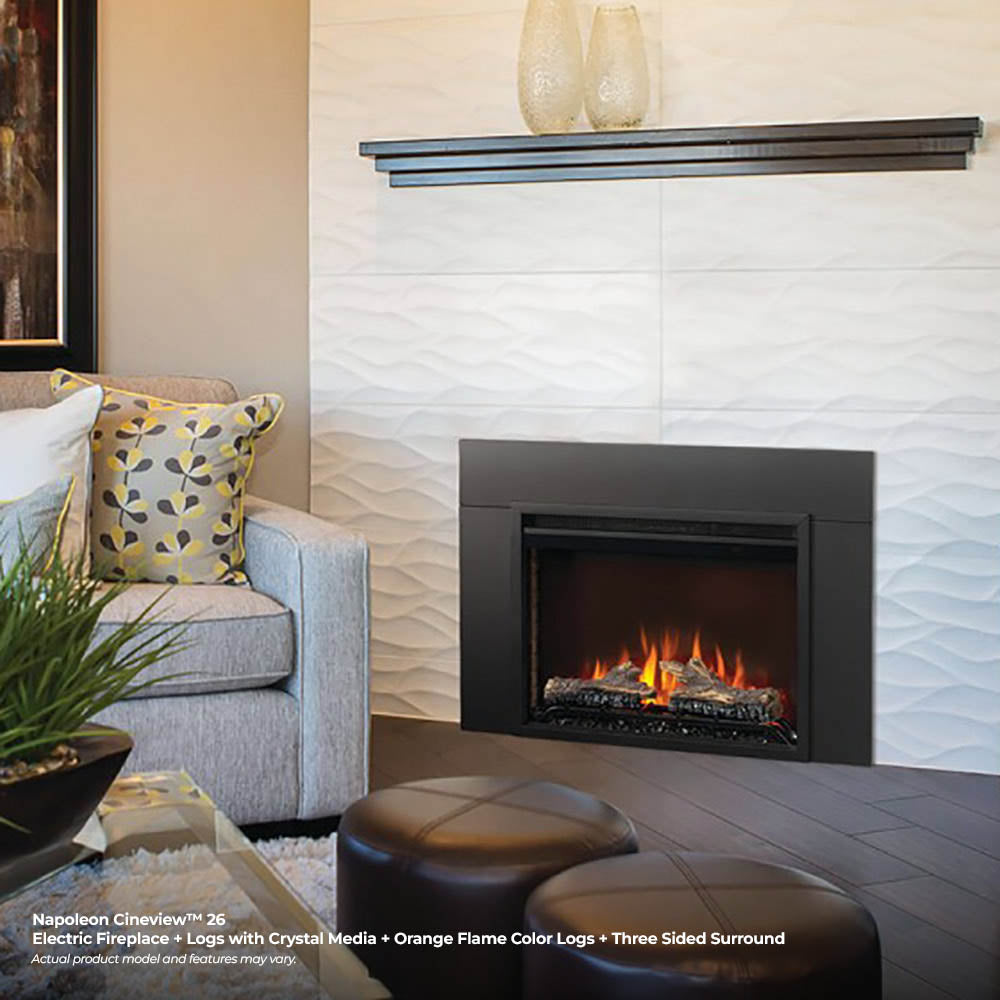 Built-in electric fireplace insert with black frame and lit flame window
