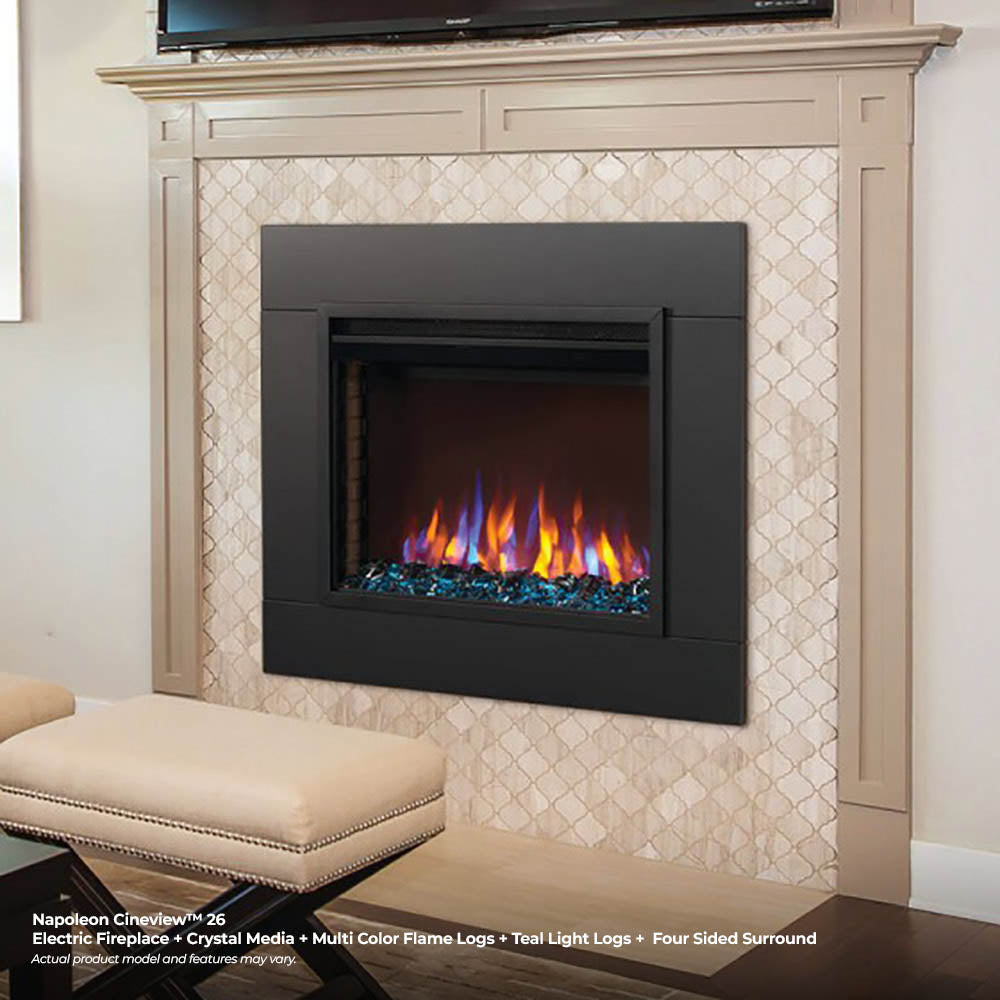 Built-in electric fireplace insert with black surround and flame display