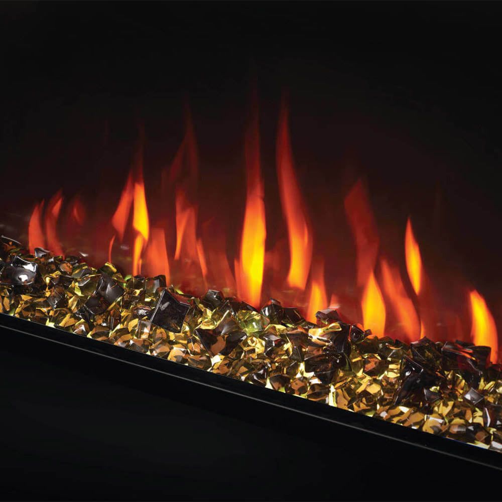 Electric fireplace crystal media bed with bright orange flames