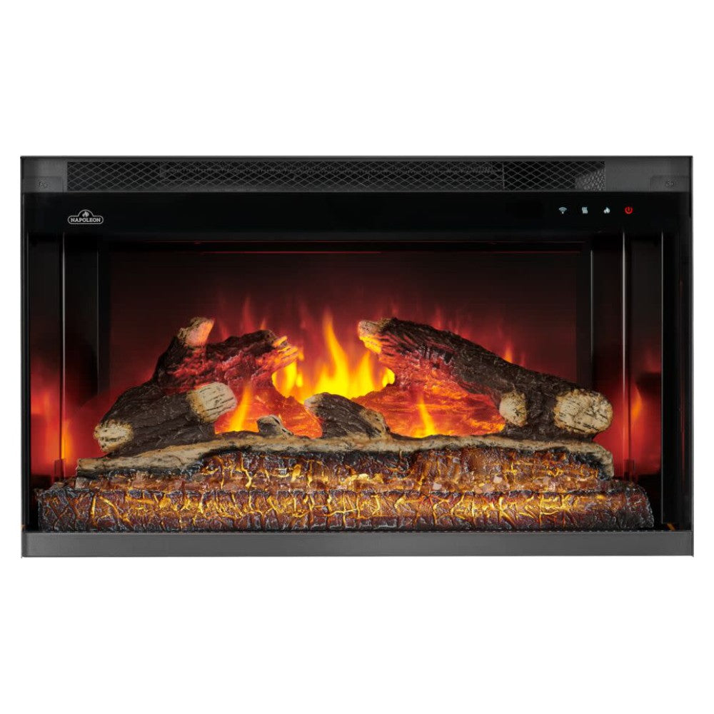 Electric fireplace insert with ember bed, burning logs, and vivid orange flames