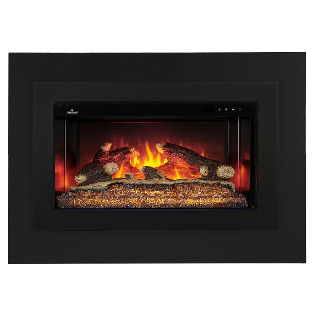 Black electric fireplace insert with faux logs and glowing flames behind a glass front