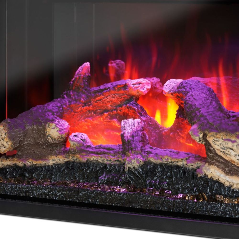 Faux logs with bright embers inside an electric fireplace insert, close-up view