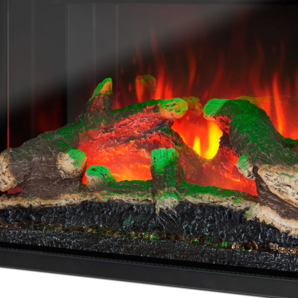 Faux logs and ember bed in an electric fireplace insert with multicolor flame glow