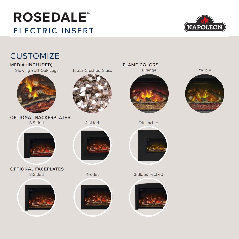 Electric fireplace insert customization chart with media, flame colors, faceplates, and backerplates
