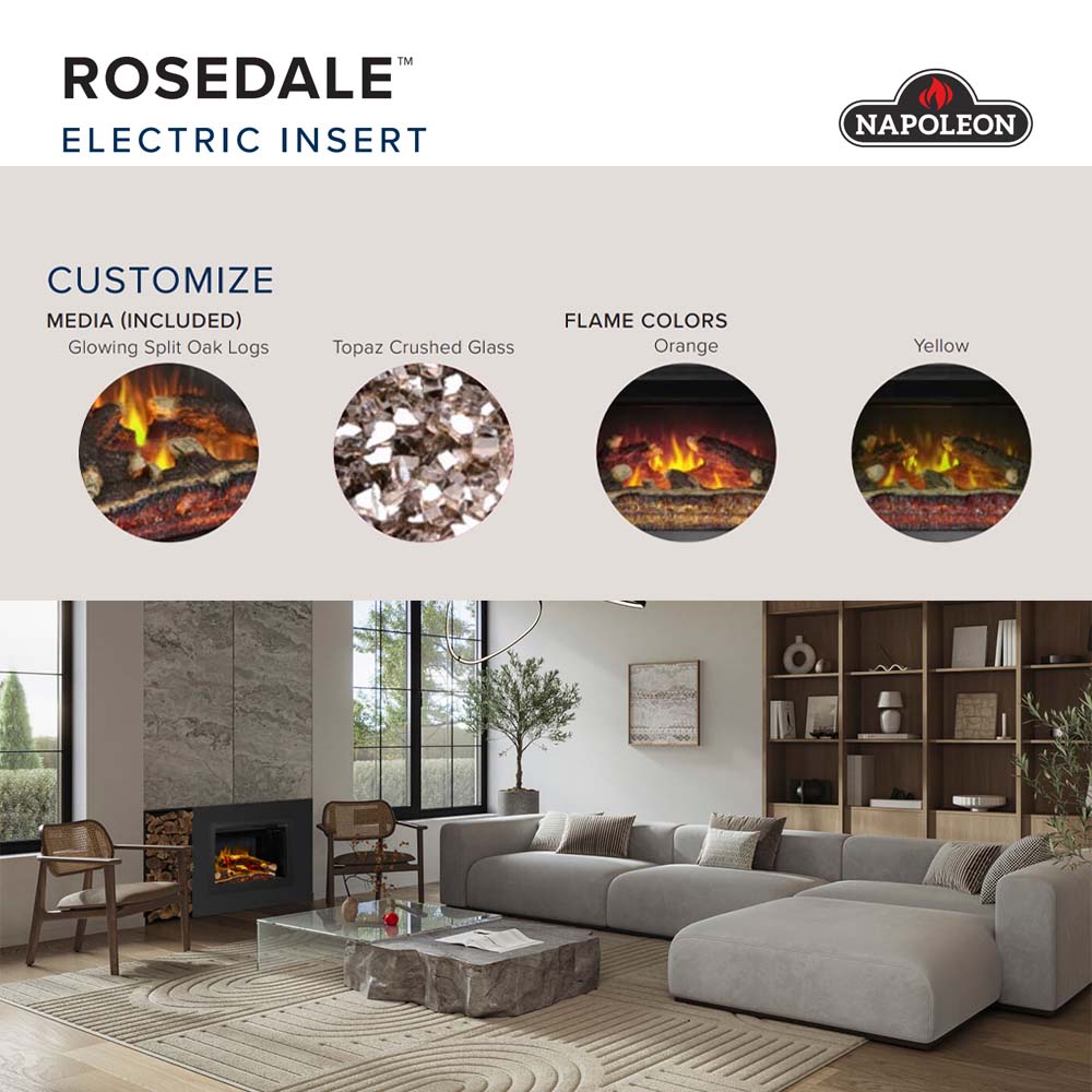 Built-in electric fireplace insert with glowing split logs and orange flame effect