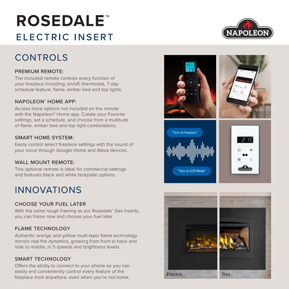 Electric fireplace insert controls and app features graphic