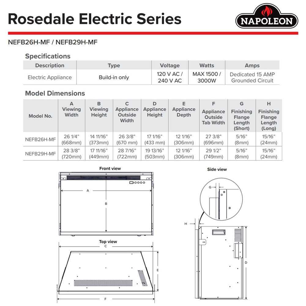 Electric fireplace insert dimensions diagram with side and top views