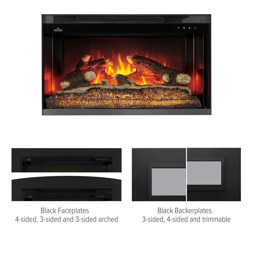Electric fireplace insert faceplate and backerplate panels, black finish, front views