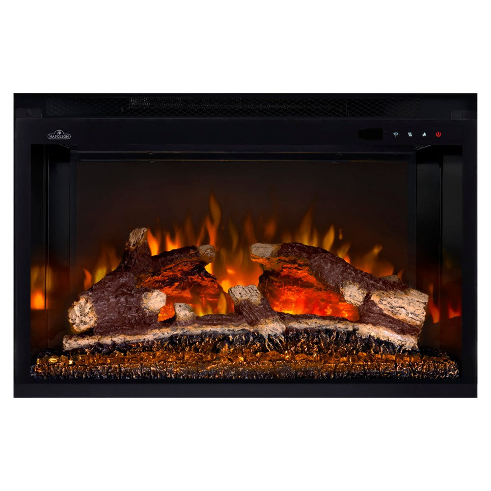 Black built-in electric fireplace with glass front, glowing embers and faux wood logs
