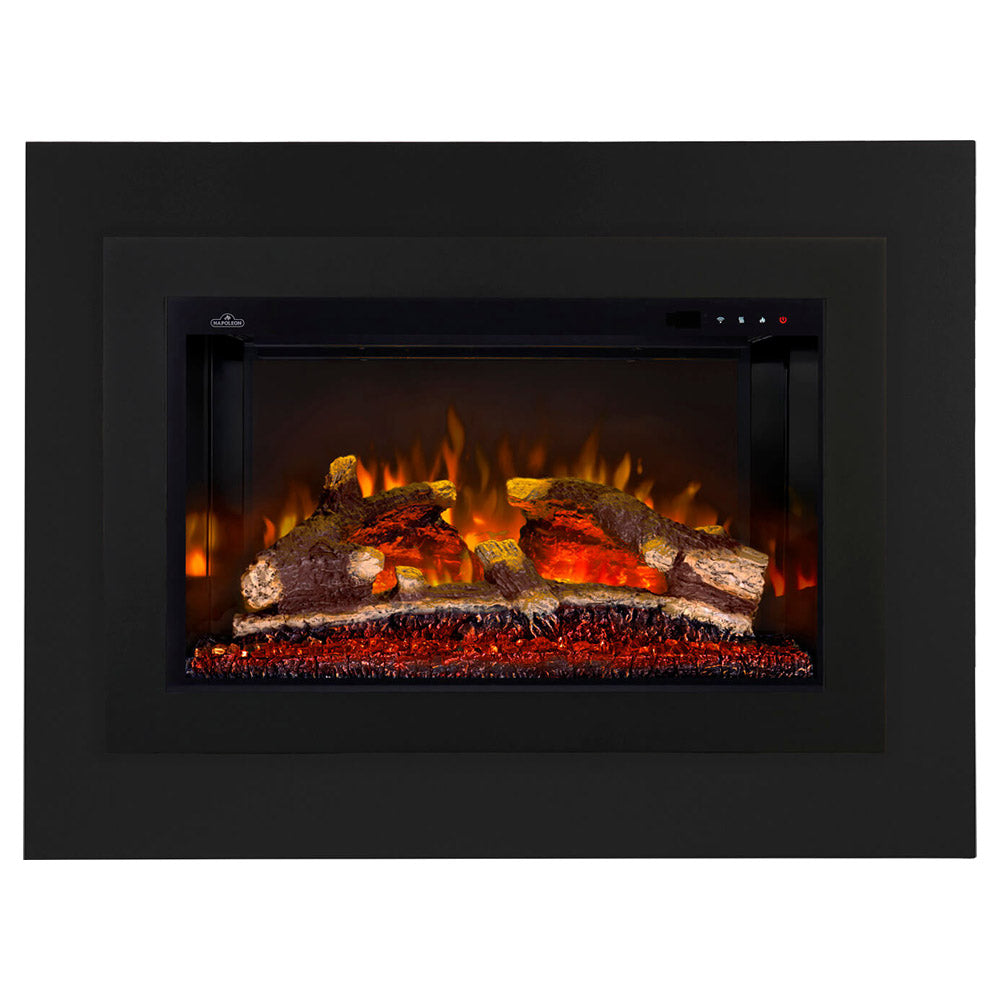 Black electric fireplace insert with glowing logs and ember bed