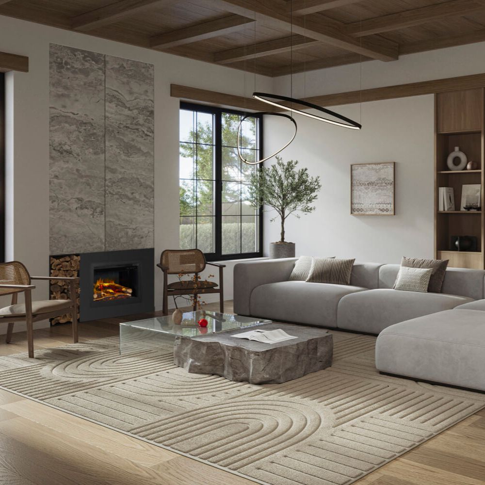 Black electric fireplace insert with glowing logs set in a modern living room wall