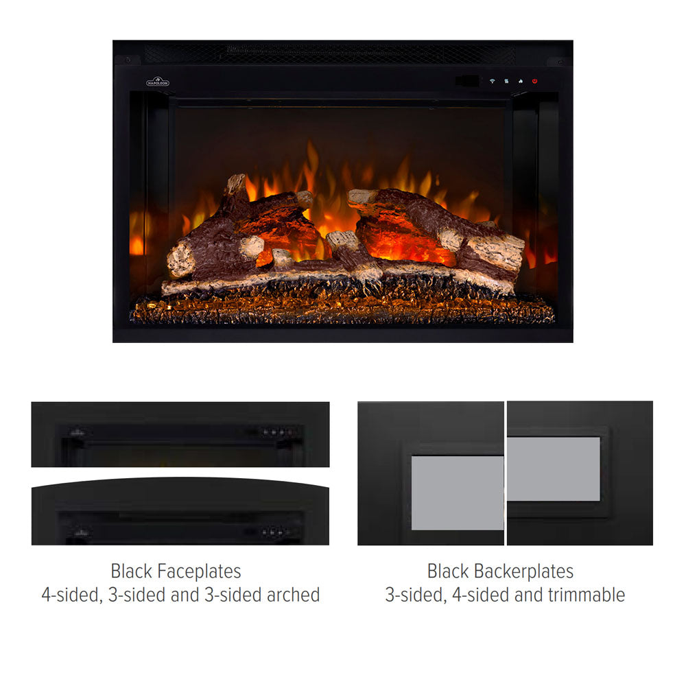 Black electric fireplace insert faceplates and backerplates shown for 3- and 4-sided styles