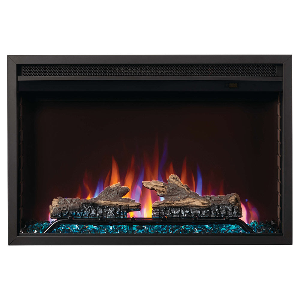 Built-in electric fireplace with dark log set, glowing flames, and blue crystal media.