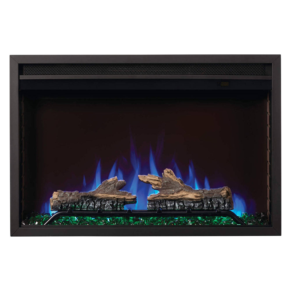 Electric fireplace with two logs and blue flame effect over crystal bed