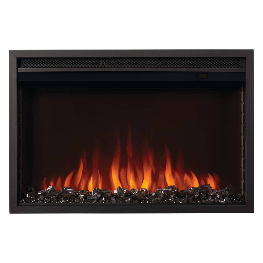 Front view electric fireplace with black frame, glowing orange flames, and logs