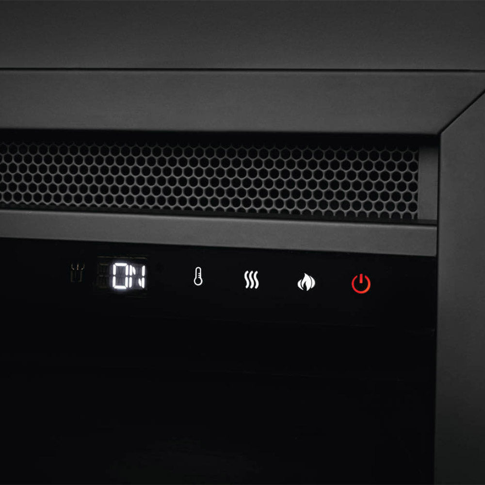 Electric fireplace control panel with LED icons, vent grille, and power button