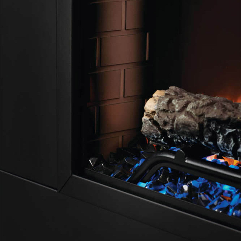 Electric fireplace firebox with faux logs, blue crystal bed, and glowing flames