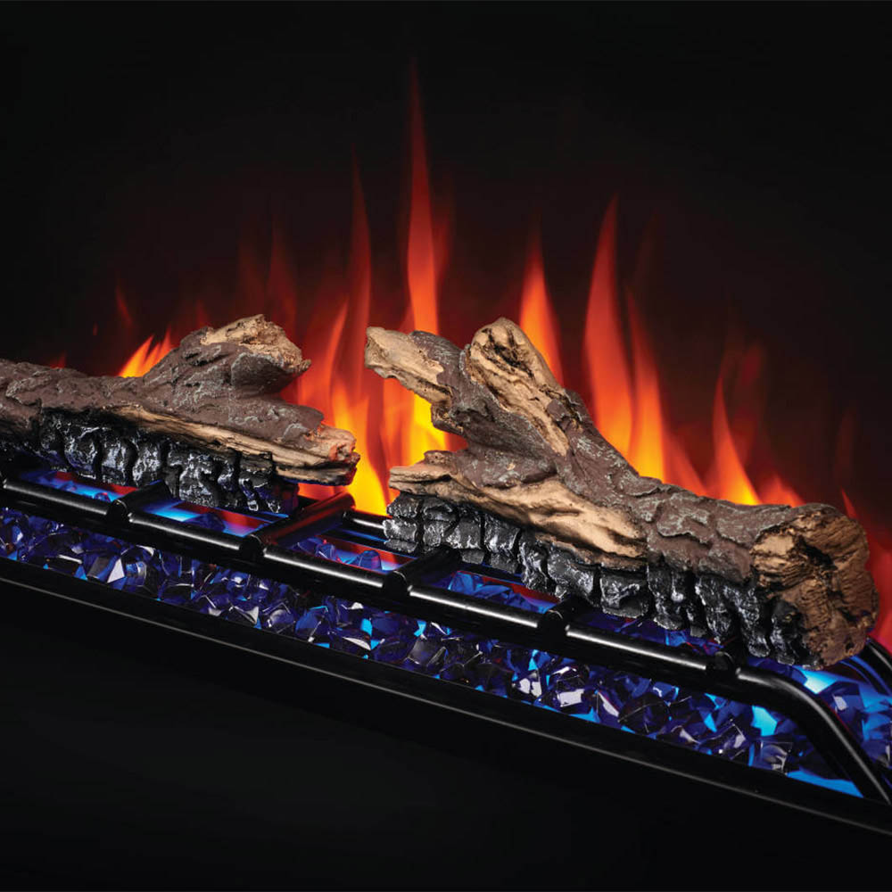 Close-up electric fireplace showing logs, blue crystal embers, and red flame tongues