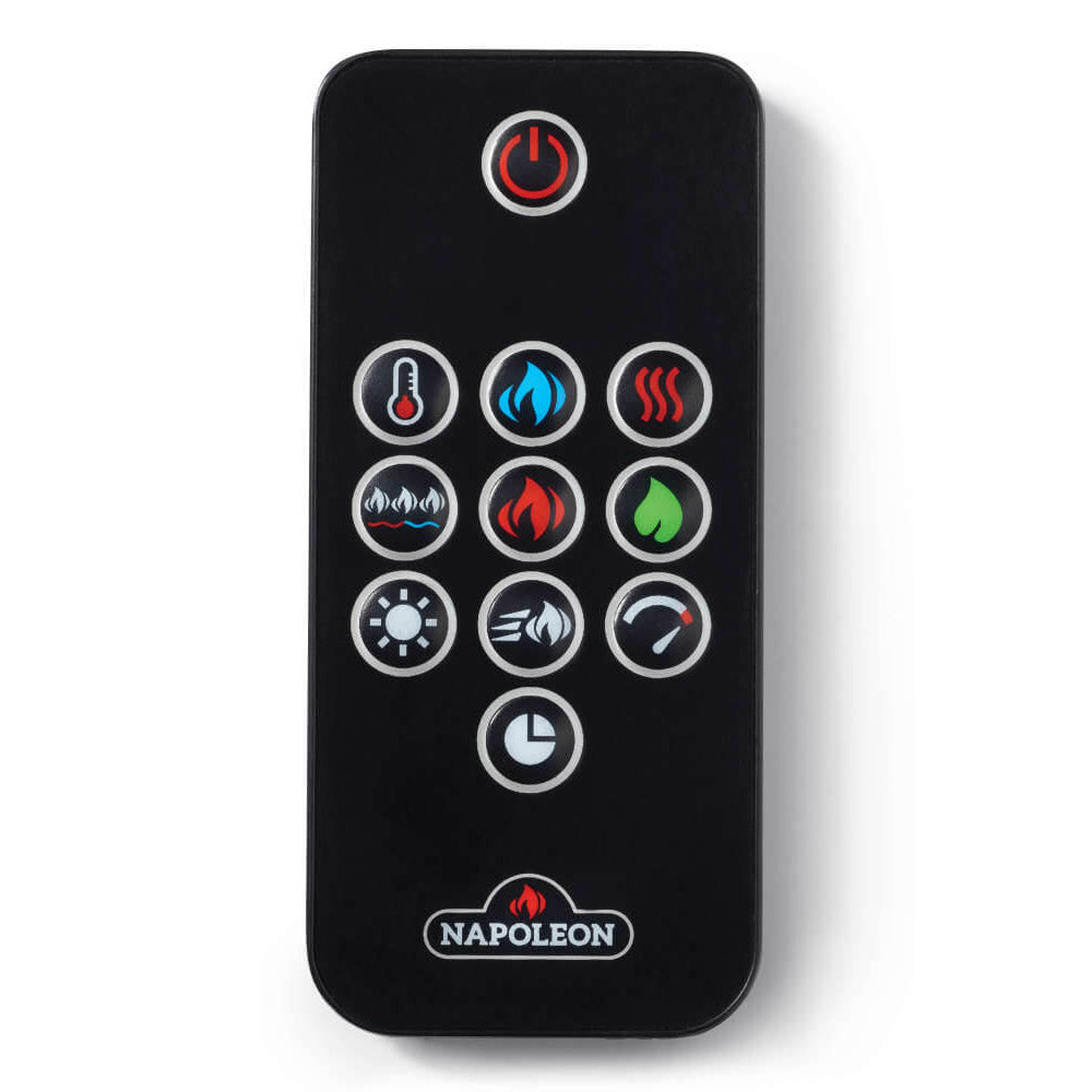Black remote control for electric fireplace with button icons and Napoleon logo