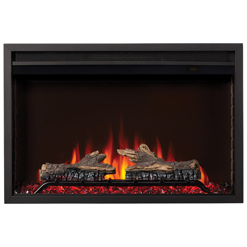 Black electric fireplace insert with glass front, glowing logs, and ember bed flames