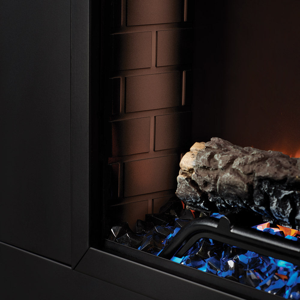 Black electric fireplace insert interior with dark logs and blue glowing ember bed