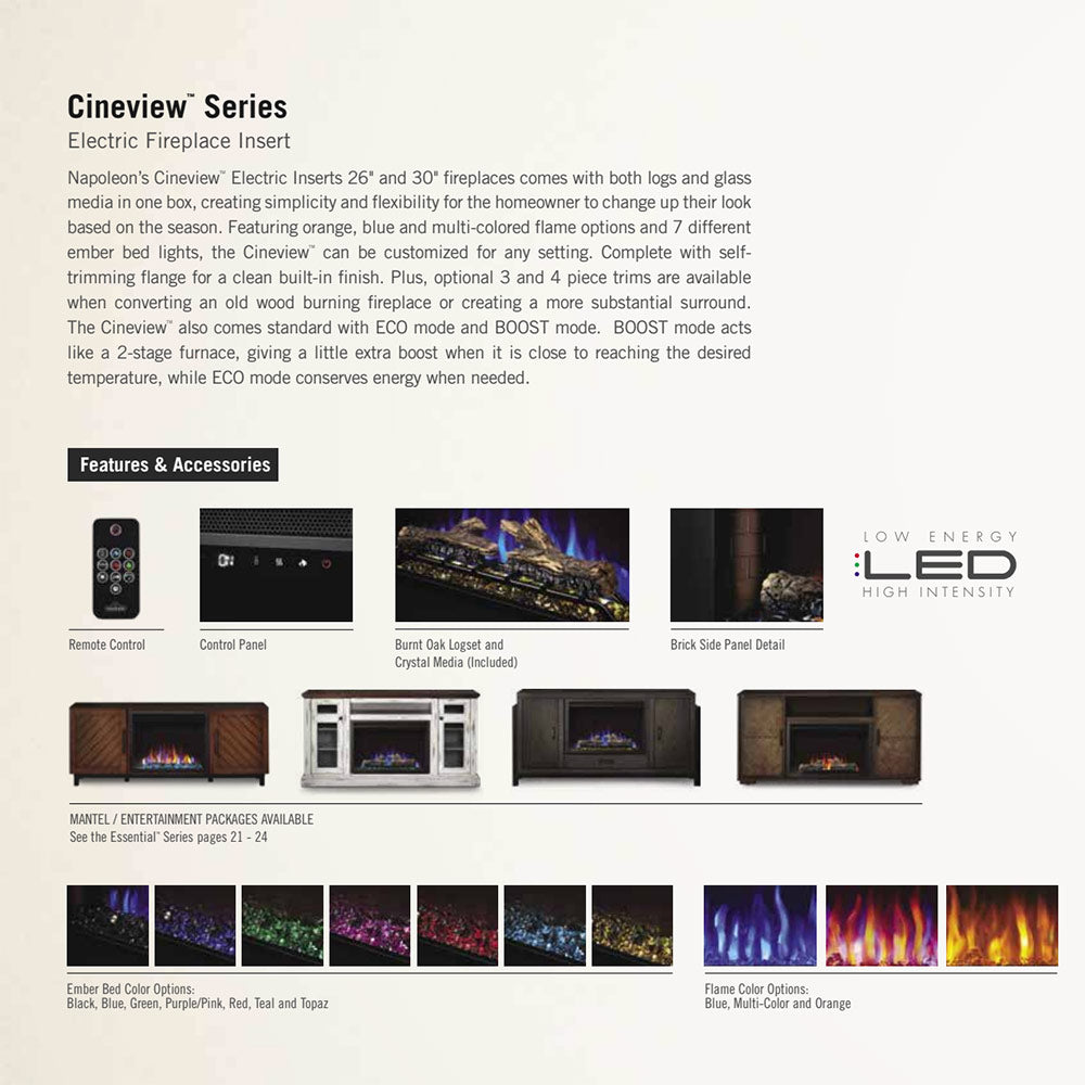 Electric fireplace insert features sheet with remote, control panel, and flame preview