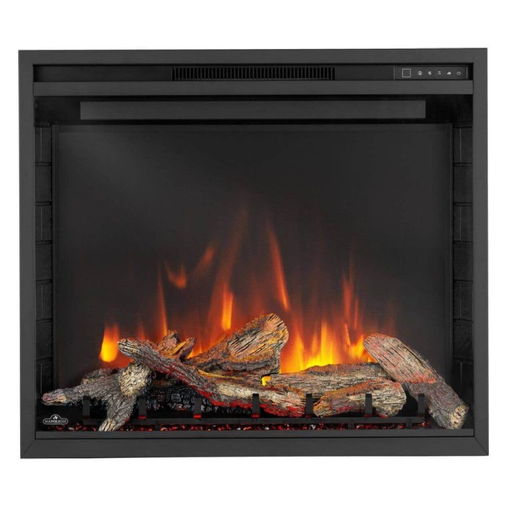 Black electric fireplace insert with faux logs and orange flame effect behind glass