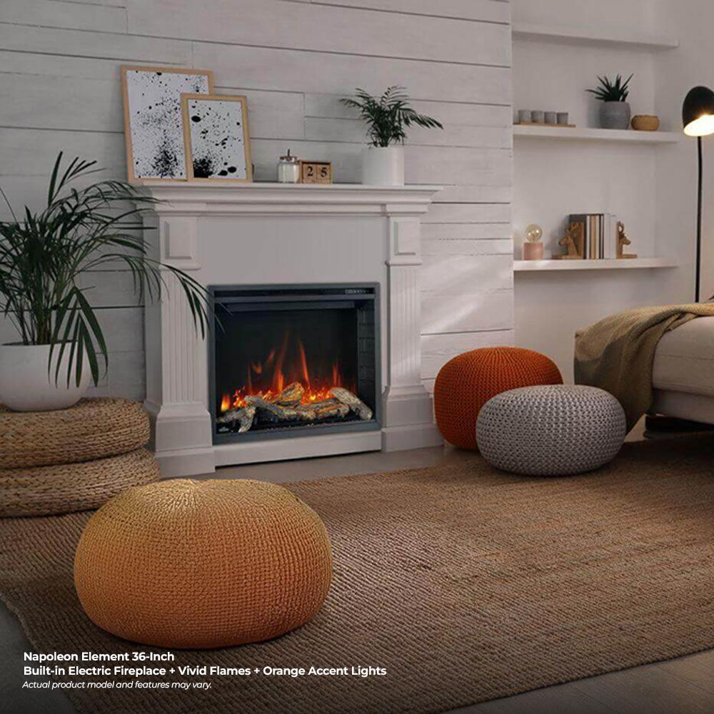 Built-in white mantel electric fireplace with orange flame effect and faux logs