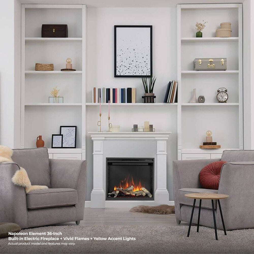 White mantel electric fireplace with orange flame effect and faux logs