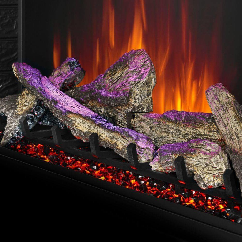 Faux logs with purple accent lighting and red-orange embers in an electric fireplace