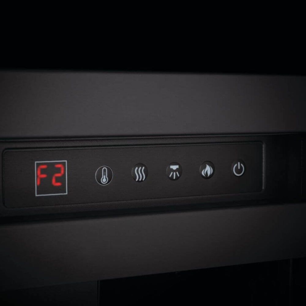 Black control panel with display reading F2 and flame and power icons